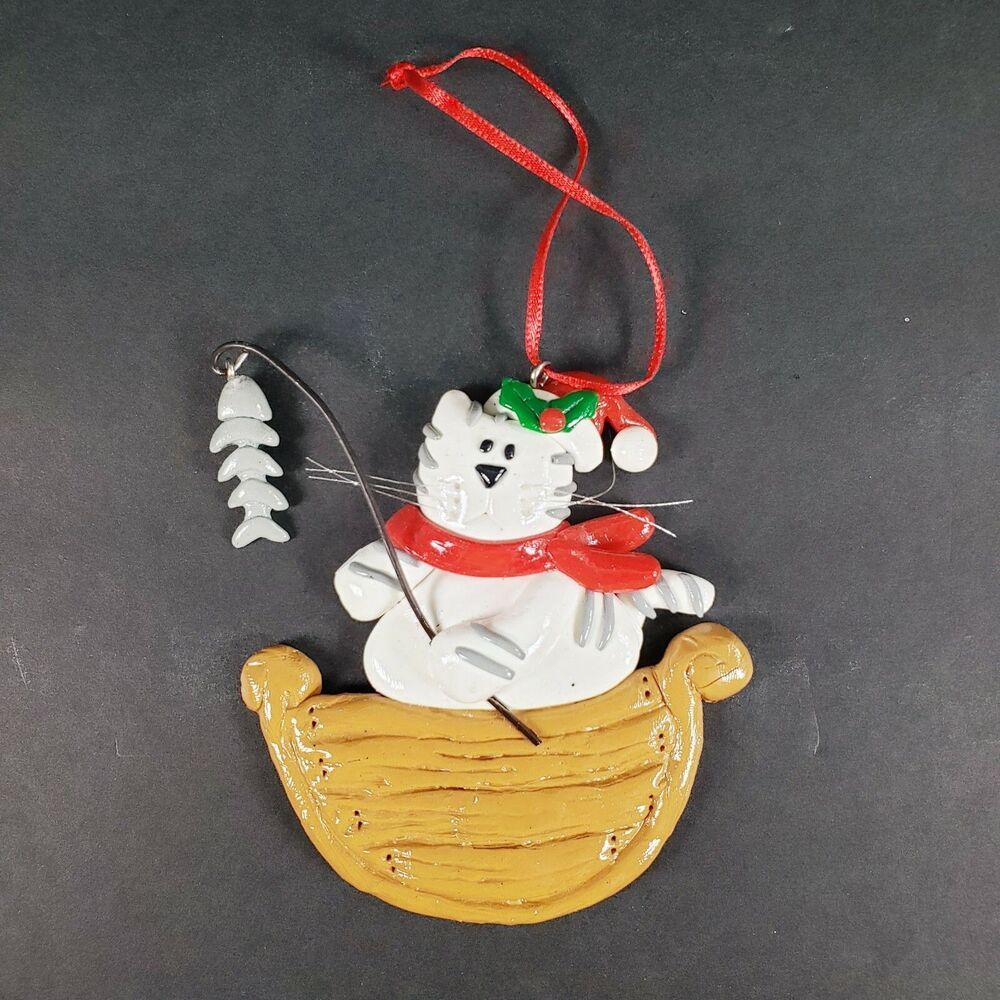 Polymer Clay White Cat Christmas Ornament Fishing Boat Santa Hat Holly Berries